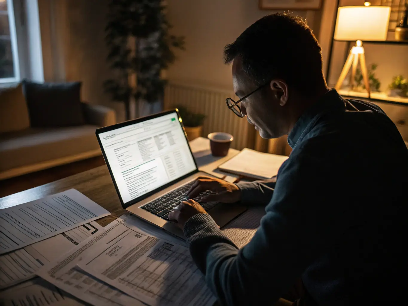 An image of a person working on a laptop with tax documents and a calculator, symbolizing tax assessment assistance.