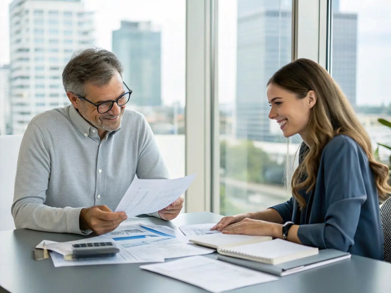 A small business owner reviewing financial statements with a tax advisor, highlighting personalized advice and strategic tax planning.