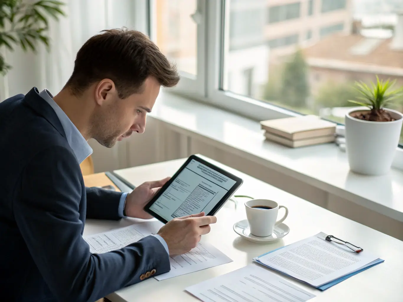 A small business owner reviewing financial statements in a modern office setting, with a laptop displaying tax-related software, representing efficient tax planning for businesses.